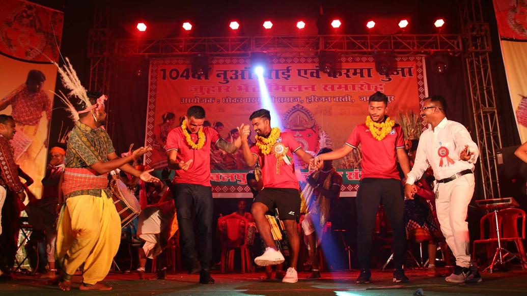Tim Cahill, Gourav Mukhi and Mobashir Rahman in Agrico for a Karma Pooja Event